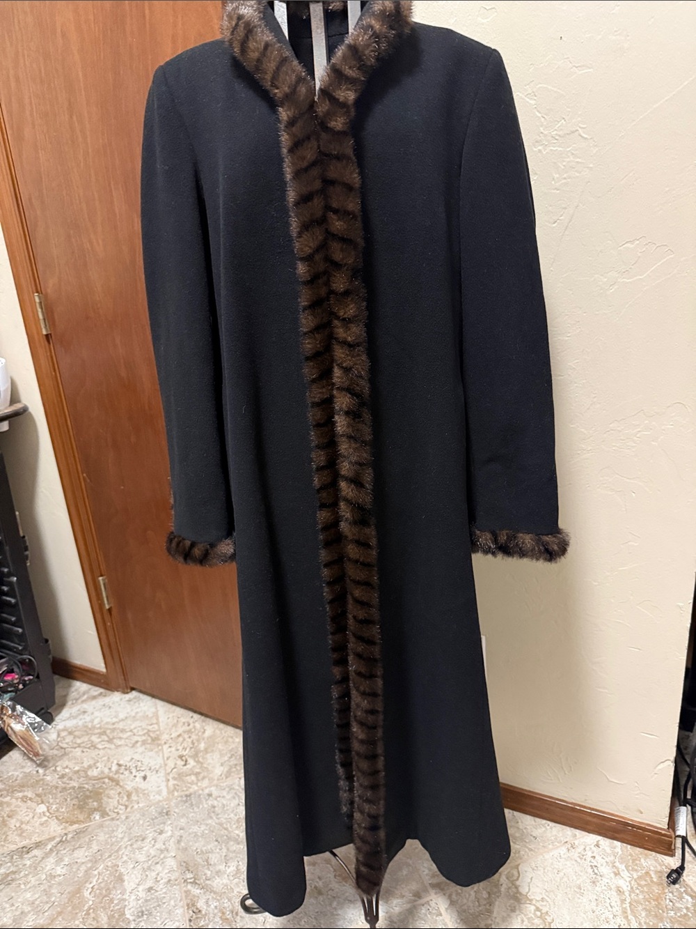Marvin Richards Black Coat with Brown Fur Trim